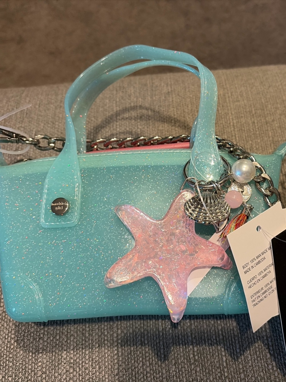 Madden Girl Jelly Mini Tote Satchel Crossbody Bag Y2K Glitter Star Fish Charm